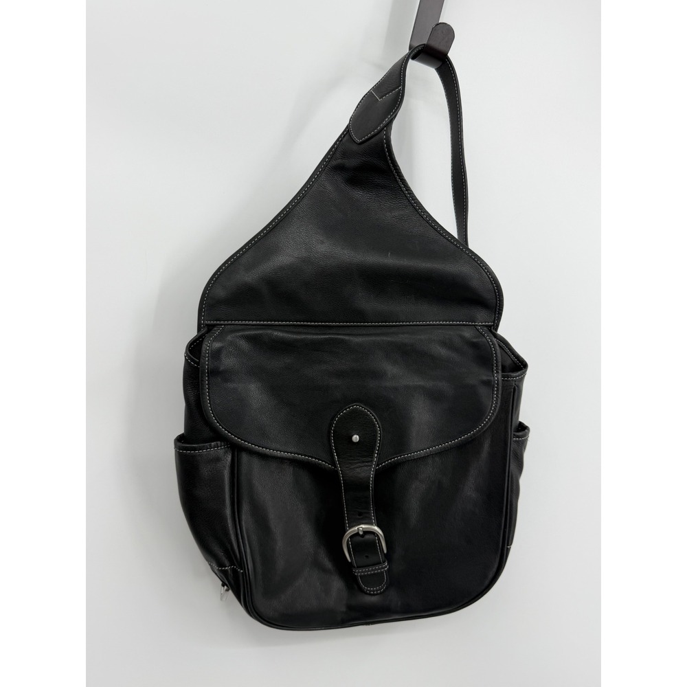 Levenger Leather Sling Bag saddlebag Black Buckle Flap equestrian